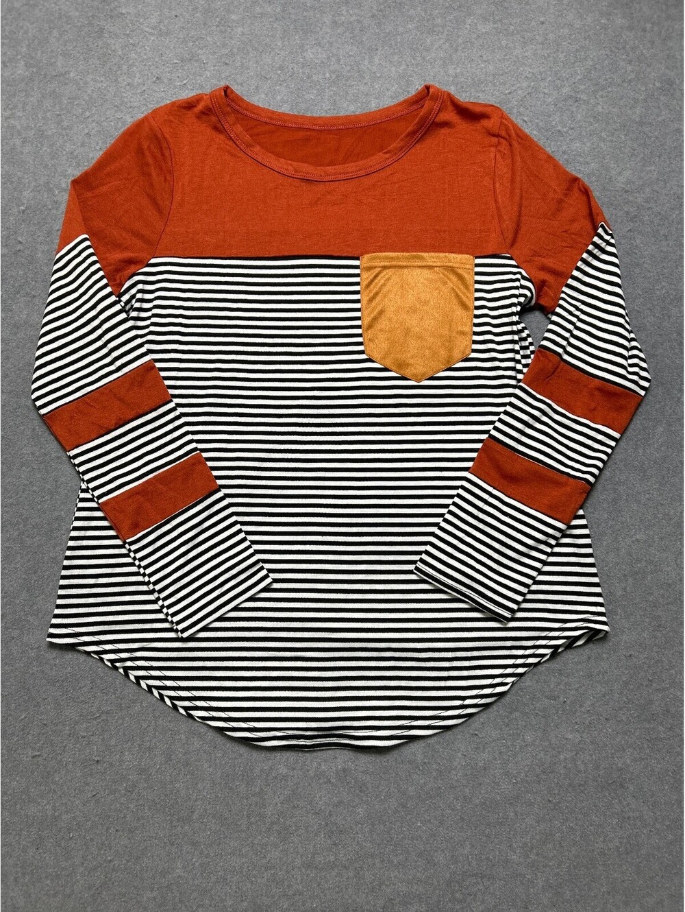 Womens Small Color Block Striped Long Sleeve Top Velvet Pocket Casual Boho
